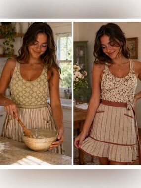 Sur La Tabla Women's 100% Cotton  Halter Apron Ruffle Neck Pockets Sz. OS